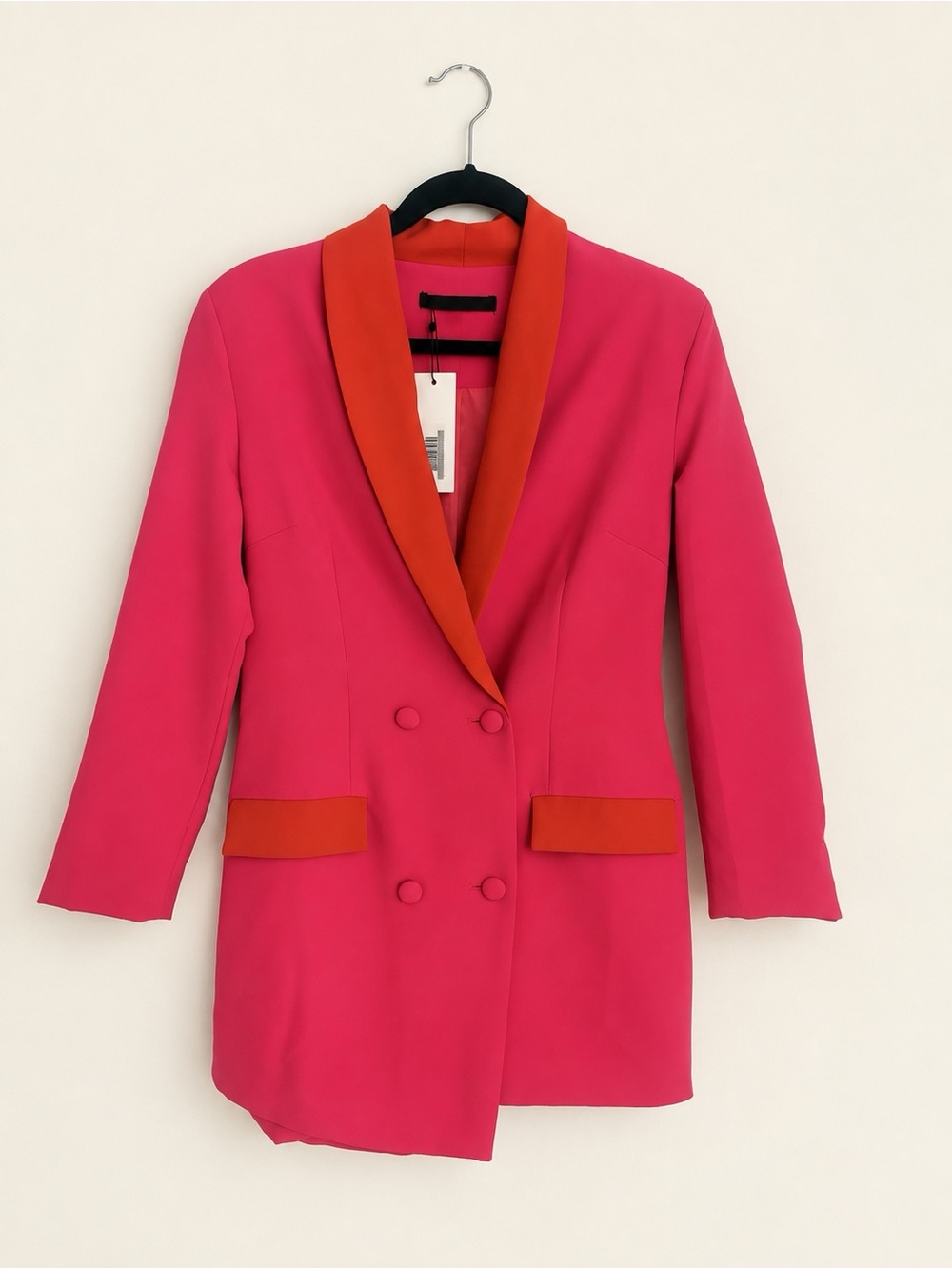 Double-Breasted Pink Blazer with Orange Shawl Collar